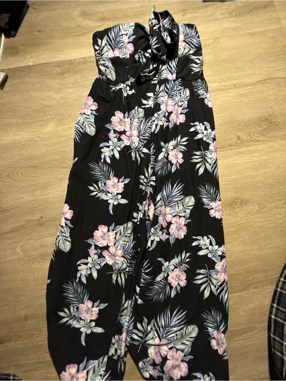 No Boundaries Black Floral Strapless Jumpsuit Size M 7-9